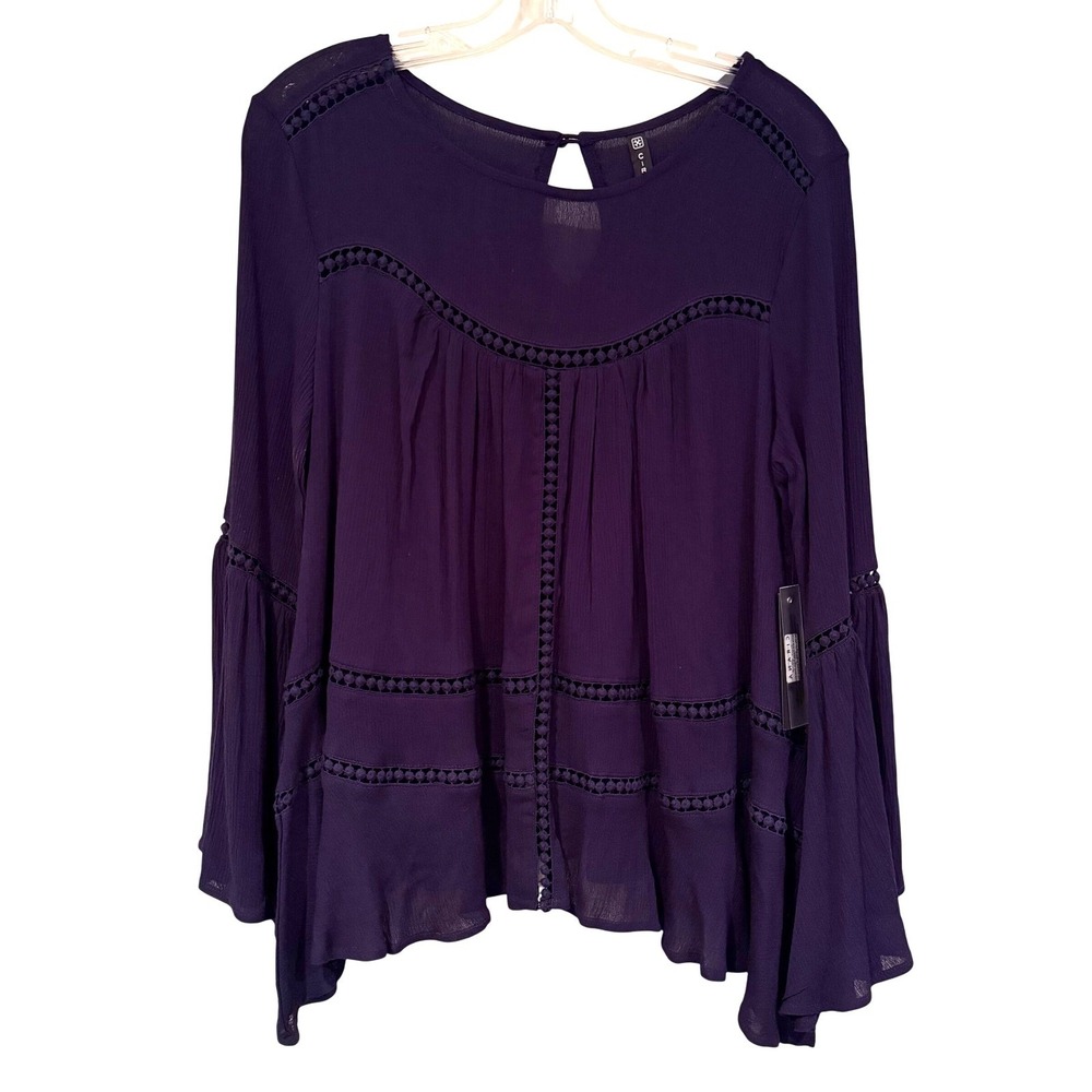 Cirana Bell Sleeve Lace Trimmed Boho Blouse Women's‎ Medium Navy Hippie Peasant